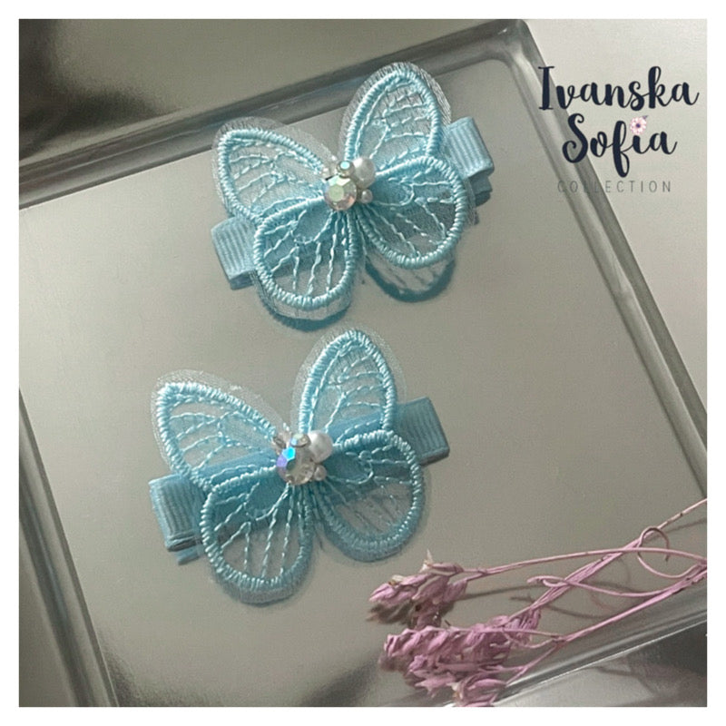 French Bleu Monarch Clips Set of Two