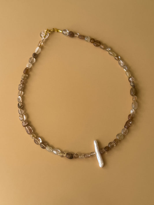 OOAK Rutilated Quartz & Baroque Pearl Necklace